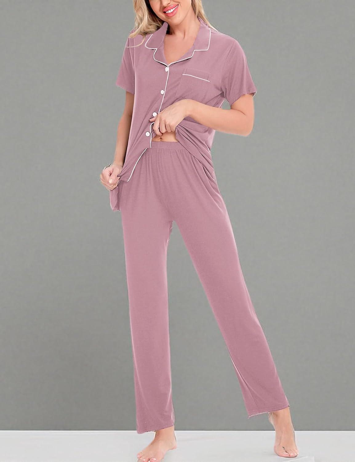 imageSWOMOG Women Pajama Sets TwoPiece Nightwear Short Sleeve Sleepwear Button Down Pj Lounge Sets with Long PantsTaro Purple