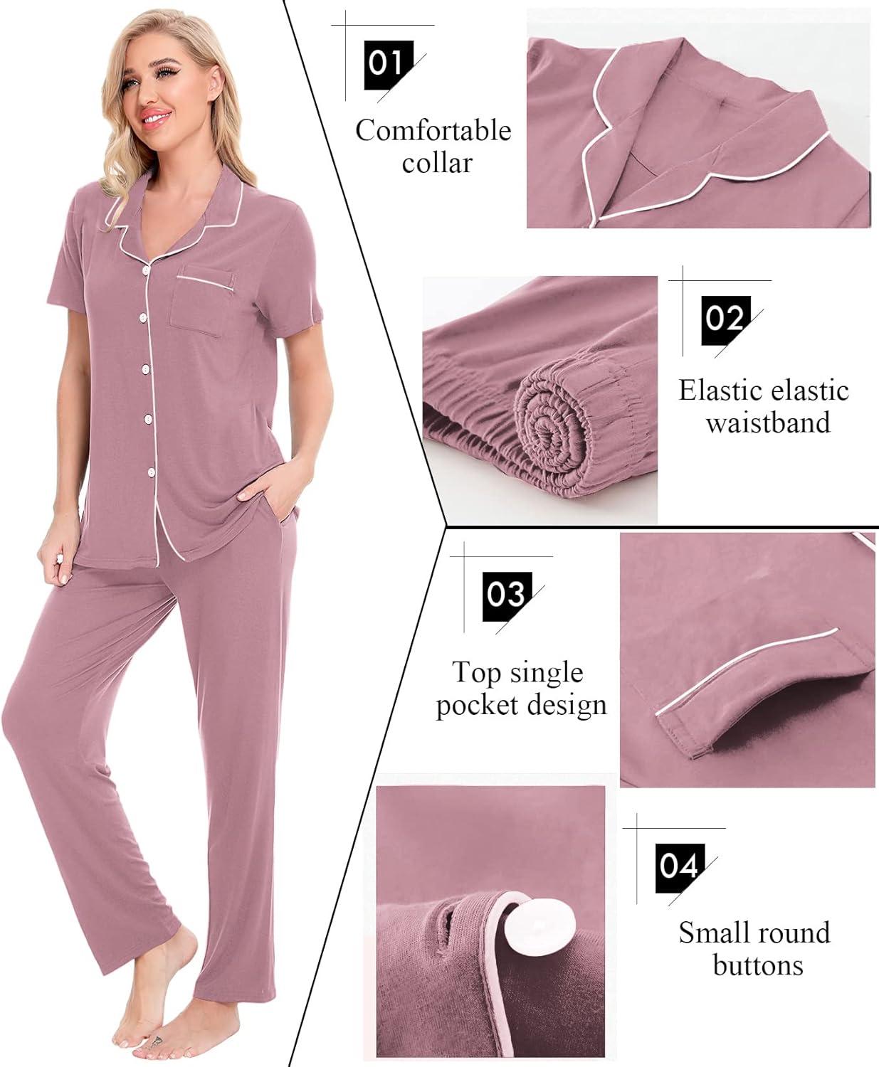 imageSWOMOG Women Pajama Sets TwoPiece Nightwear Short Sleeve Sleepwear Button Down Pj Lounge Sets with Long PantsTaro Purple