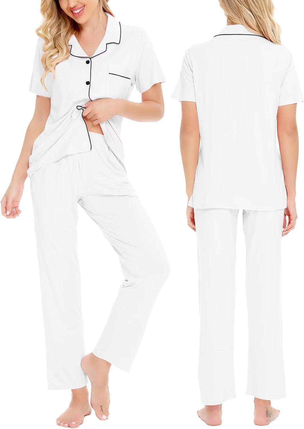 imageSWOMOG Women Pajama Sets TwoPiece Nightwear Short Sleeve Sleepwear Button Down Pj Lounge Sets with Long PantsWhite