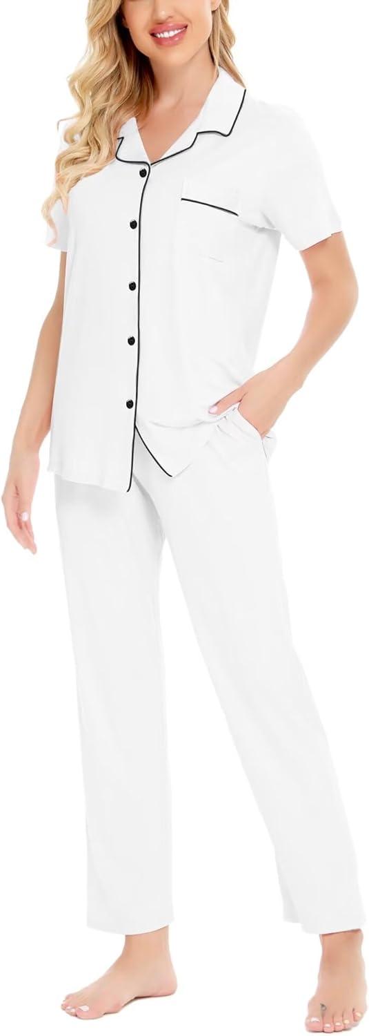 imageSWOMOG Women Pajama Sets TwoPiece Nightwear Short Sleeve Sleepwear Button Down Pj Lounge Sets with Long PantsWhite