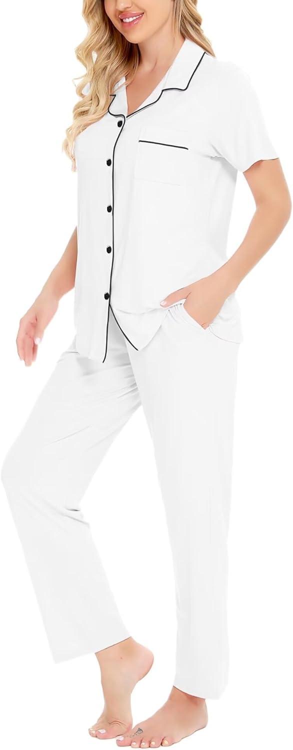 imageSWOMOG Women Pajama Sets TwoPiece Nightwear Short Sleeve Sleepwear Button Down Pj Lounge Sets with Long PantsWhite