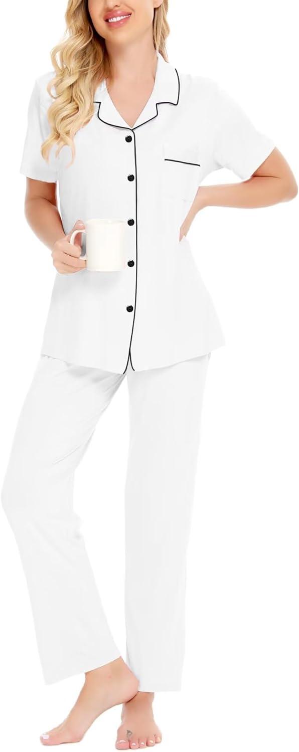 imageSWOMOG Women Pajama Sets TwoPiece Nightwear Short Sleeve Sleepwear Button Down Pj Lounge Sets with Long PantsWhite