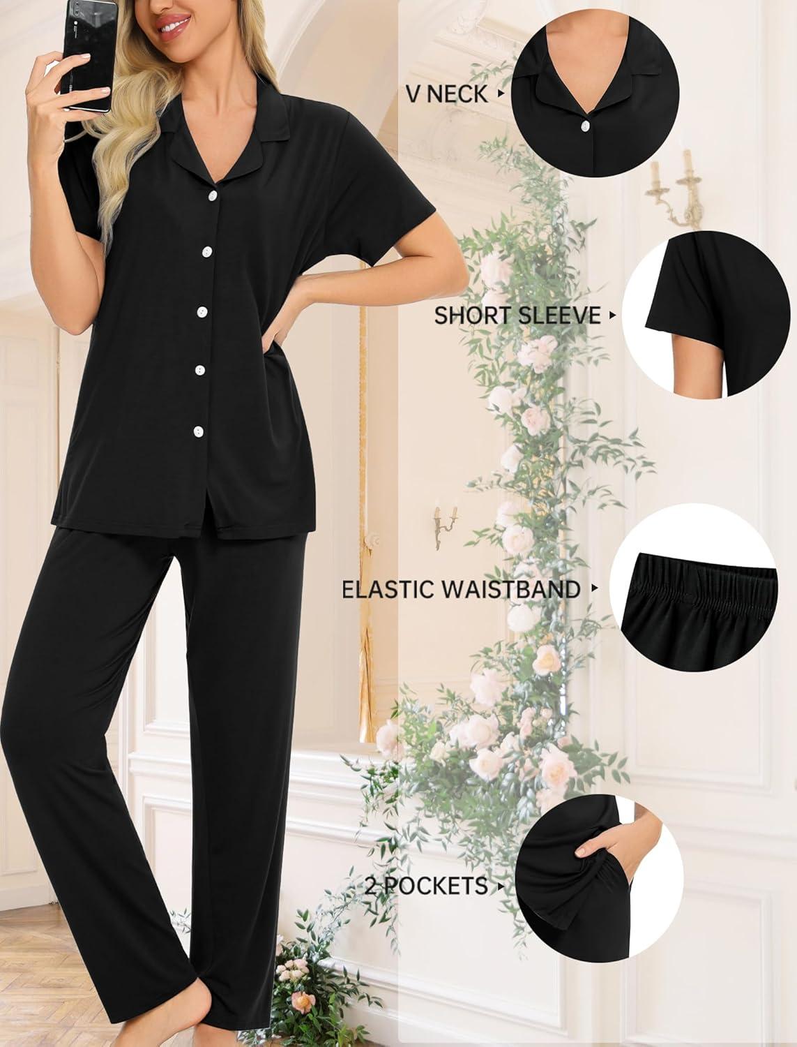 imageSWOMOG Women Pajama Sets TwoPiece Nightwear Short Sleeve Sleepwear Button Down Pj Lounge Sets with Long PantsZsolid Black