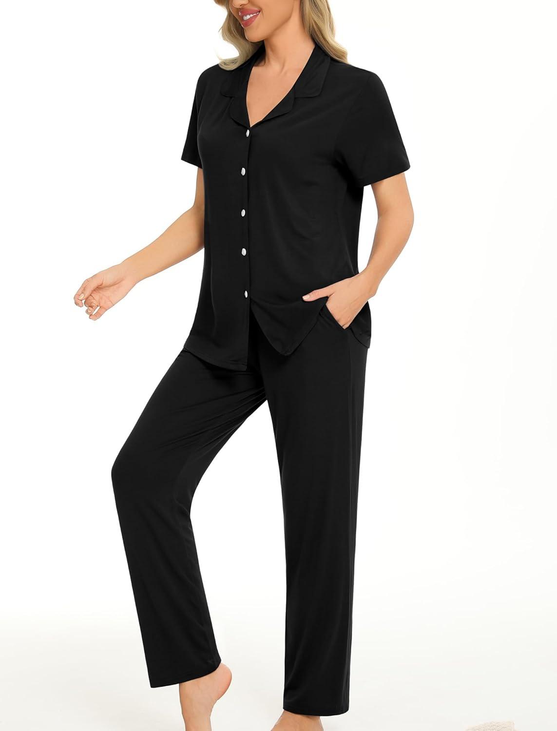 imageSWOMOG Women Pajama Sets TwoPiece Nightwear Short Sleeve Sleepwear Button Down Pj Lounge Sets with Long PantsZsolid Black