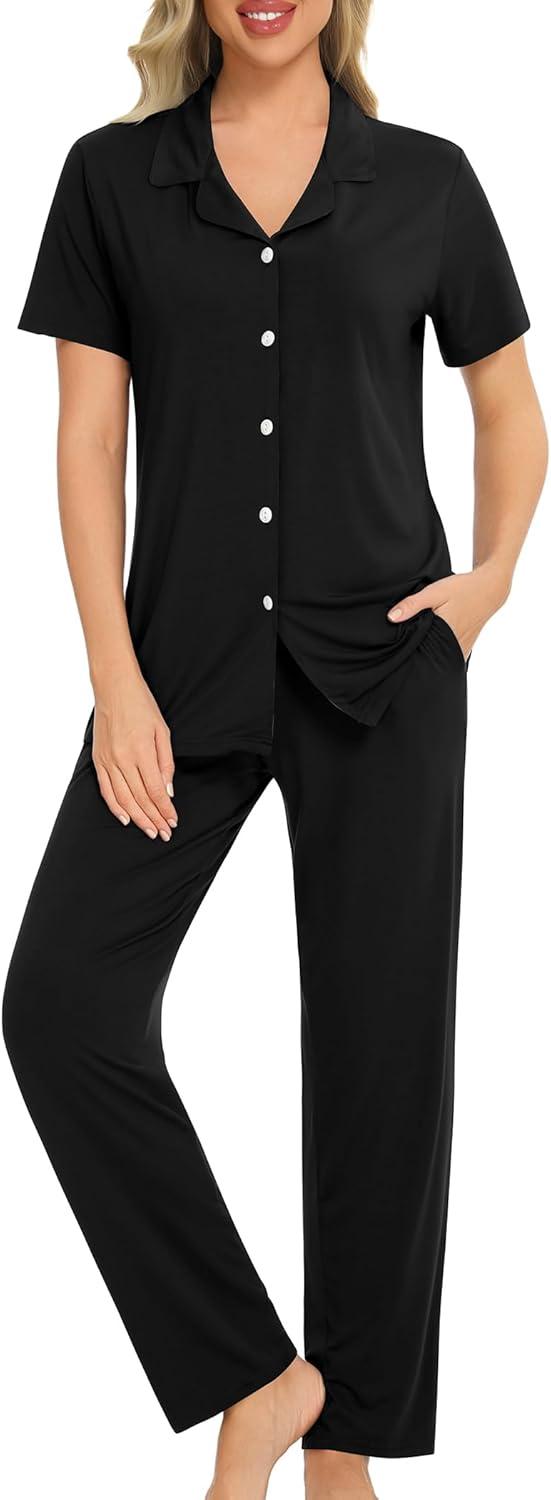 imageSWOMOG Women Pajama Sets TwoPiece Nightwear Short Sleeve Sleepwear Button Down Pj Lounge Sets with Long PantsZsolid Black