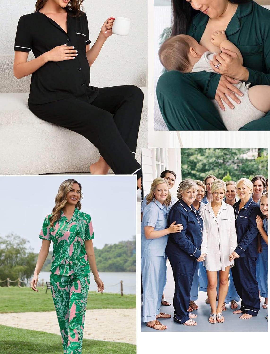 imageSWOMOG Women Pajama Sets TwoPiece Nightwear Short Sleeve Sleepwear Button Down Pj Lounge Sets with Long PantsZsolid Pink Leaf