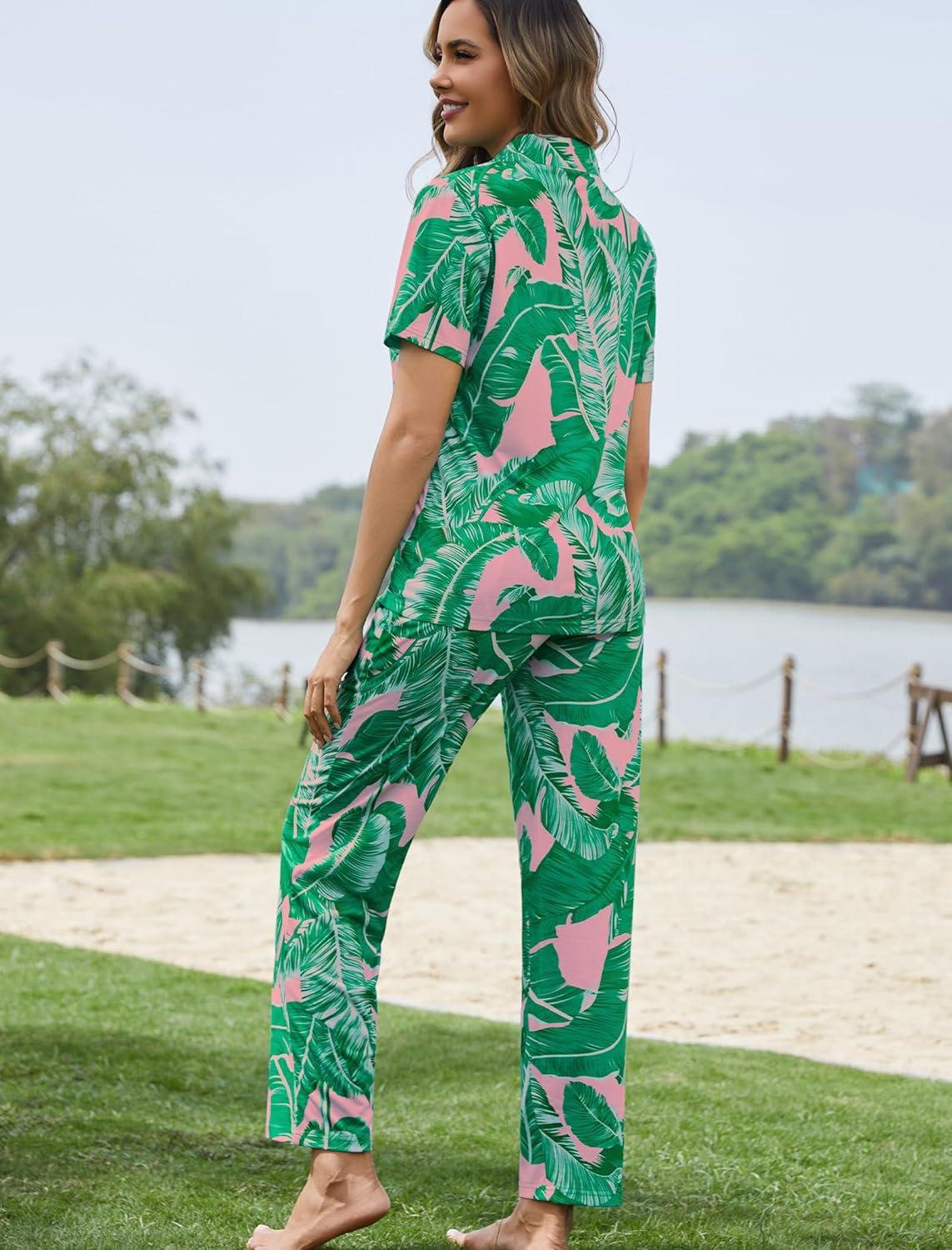 imageSWOMOG Women Pajama Sets TwoPiece Nightwear Short Sleeve Sleepwear Button Down Pj Lounge Sets with Long PantsZsolid Pink Leaf