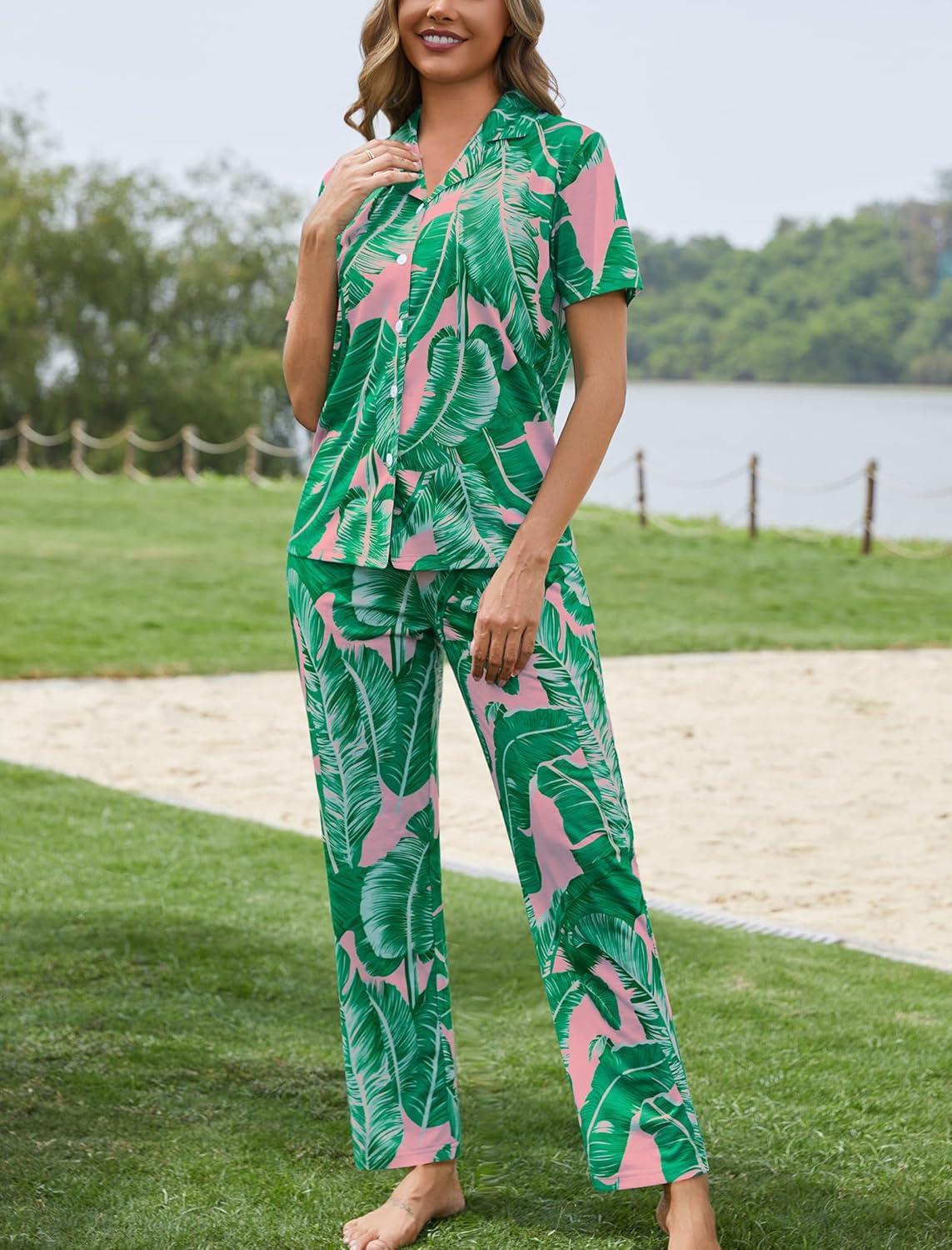 imageSWOMOG Women Pajama Sets TwoPiece Nightwear Short Sleeve Sleepwear Button Down Pj Lounge Sets with Long PantsZsolid Pink Leaf