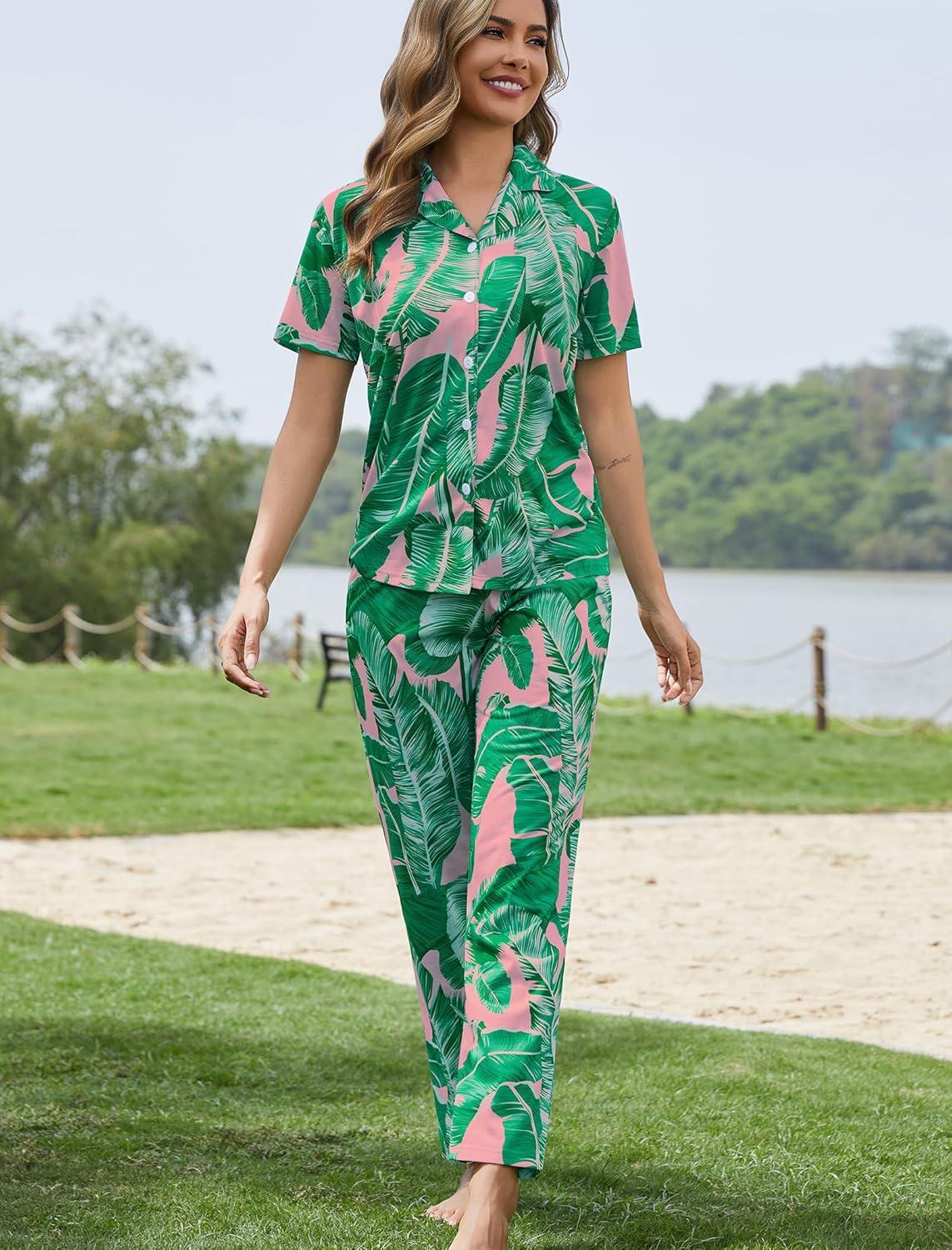 imageSWOMOG Women Pajama Sets TwoPiece Nightwear Short Sleeve Sleepwear Button Down Pj Lounge Sets with Long PantsZsolid Pink Leaf