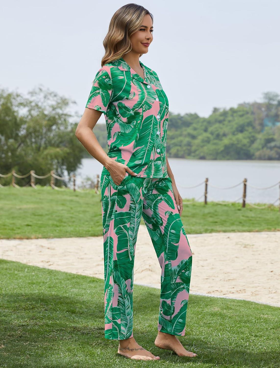 imageSWOMOG Women Pajama Sets TwoPiece Nightwear Short Sleeve Sleepwear Button Down Pj Lounge Sets with Long PantsZsolid Pink Leaf