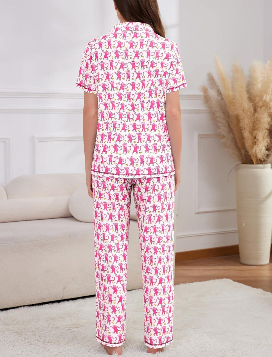 imageSWOMOG Women Pajama Sets TwoPiece Nightwear Short Sleeve Sleepwear Button Down Pj Lounge Sets with Long PantsZsolid Pink Monkey