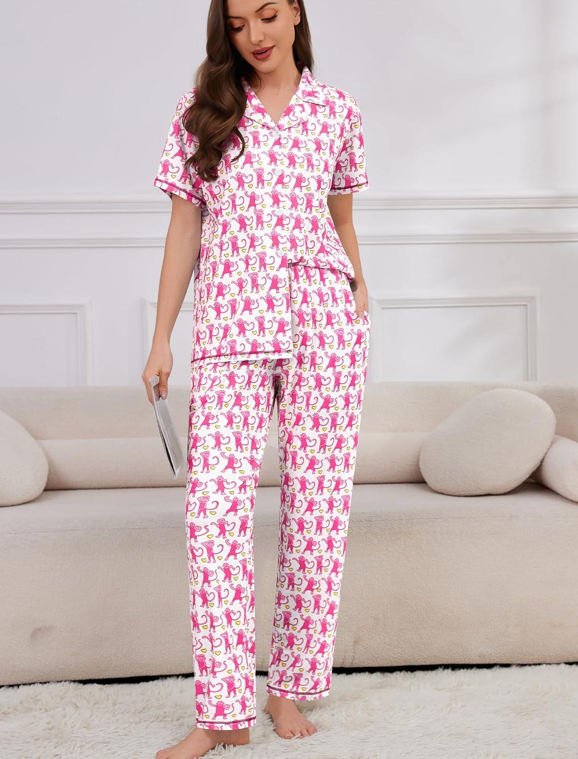 imageSWOMOG Women Pajama Sets TwoPiece Nightwear Short Sleeve Sleepwear Button Down Pj Lounge Sets with Long PantsZsolid Pink Monkey