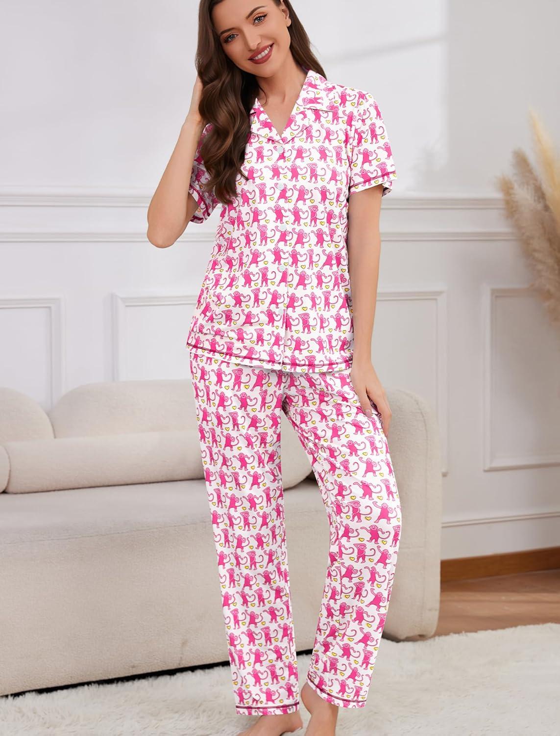 imageSWOMOG Women Pajama Sets TwoPiece Nightwear Short Sleeve Sleepwear Button Down Pj Lounge Sets with Long PantsZsolid Pink Monkey