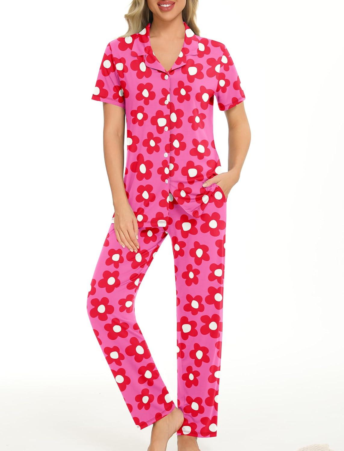 imageSWOMOG Women Pajama Sets TwoPiece Nightwear Short Sleeve Sleepwear Button Down Pj Lounge Sets with Long PantsZsolid Rose Flower