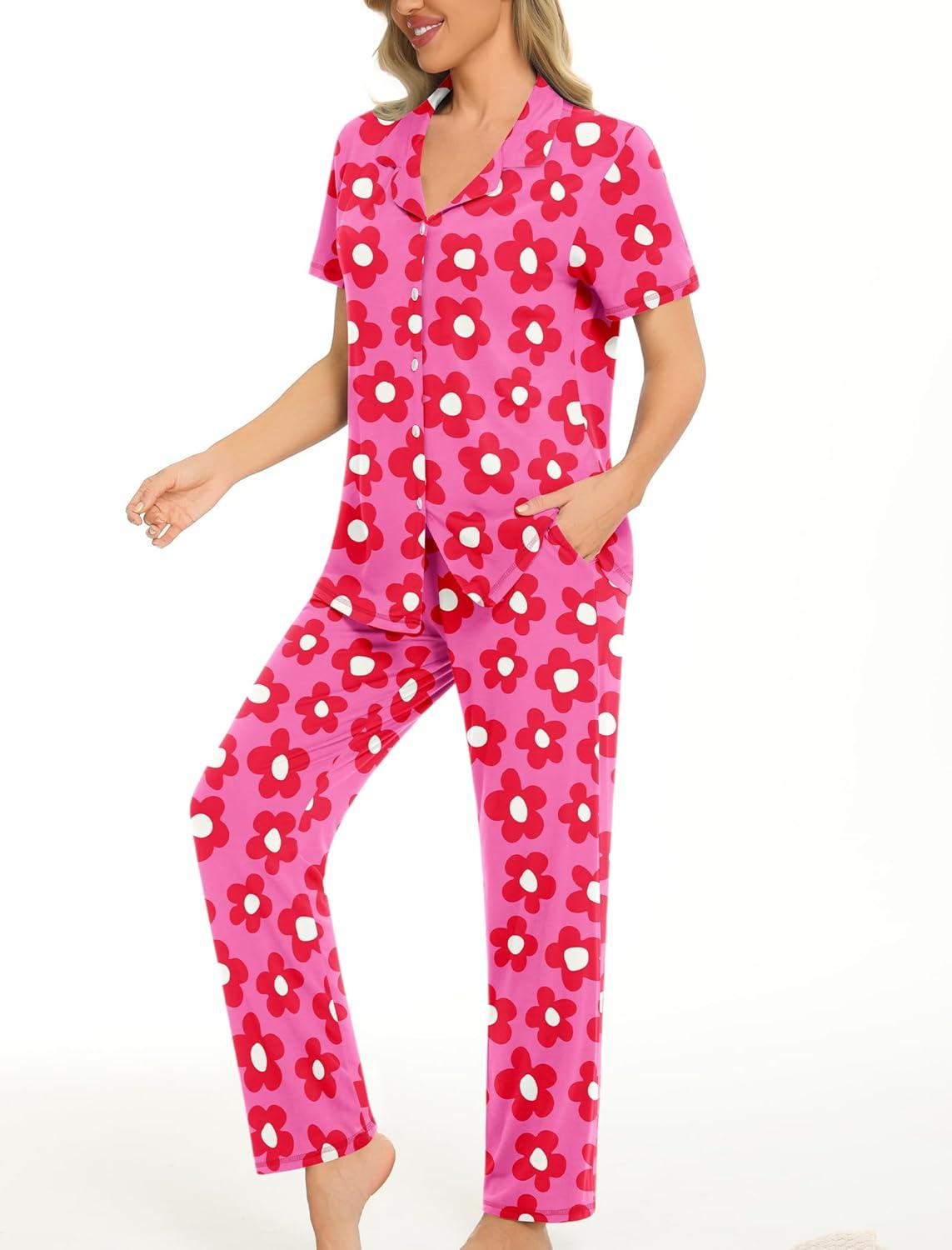 imageSWOMOG Women Pajama Sets TwoPiece Nightwear Short Sleeve Sleepwear Button Down Pj Lounge Sets with Long PantsZsolid Rose Flower