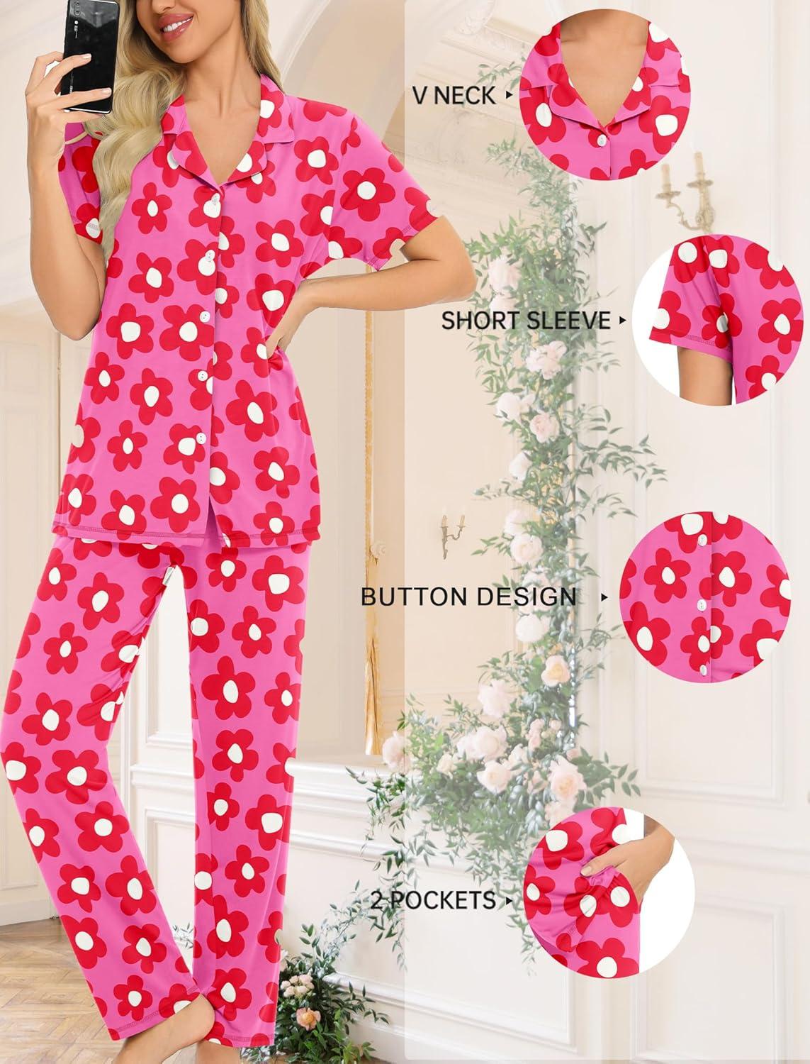 imageSWOMOG Women Pajama Sets TwoPiece Nightwear Short Sleeve Sleepwear Button Down Pj Lounge Sets with Long PantsZsolid Rose Flower