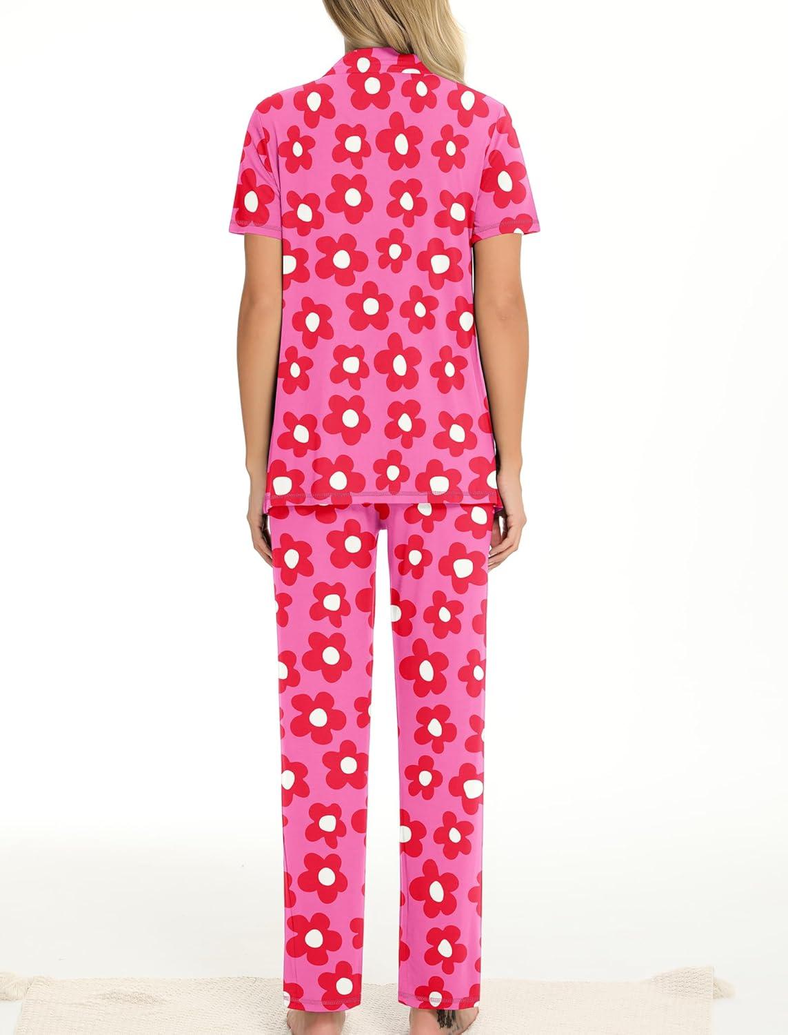imageSWOMOG Women Pajama Sets TwoPiece Nightwear Short Sleeve Sleepwear Button Down Pj Lounge Sets with Long PantsZsolid Rose Flower