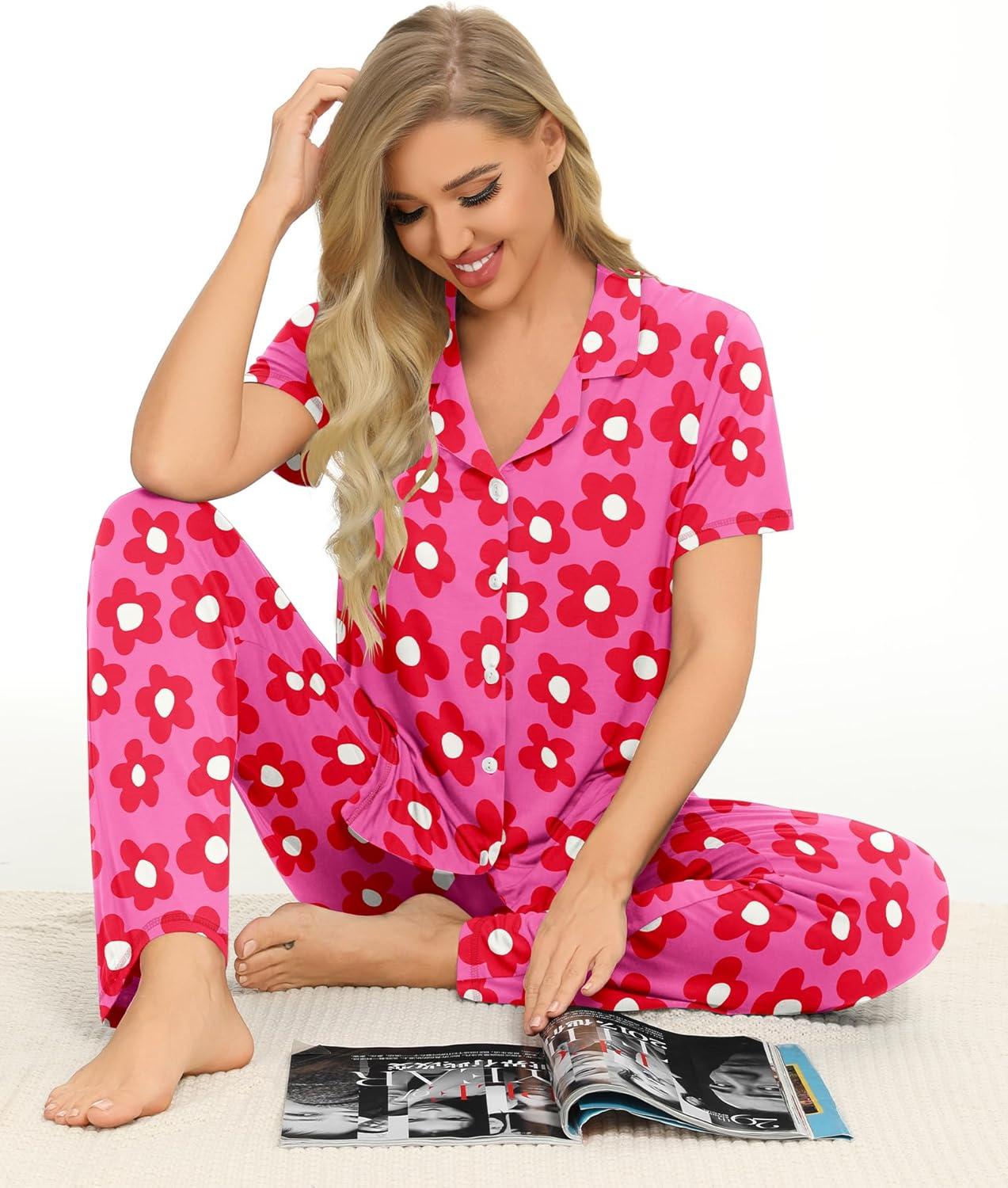 imageSWOMOG Women Pajama Sets TwoPiece Nightwear Short Sleeve Sleepwear Button Down Pj Lounge Sets with Long PantsZsolid Rose Flower