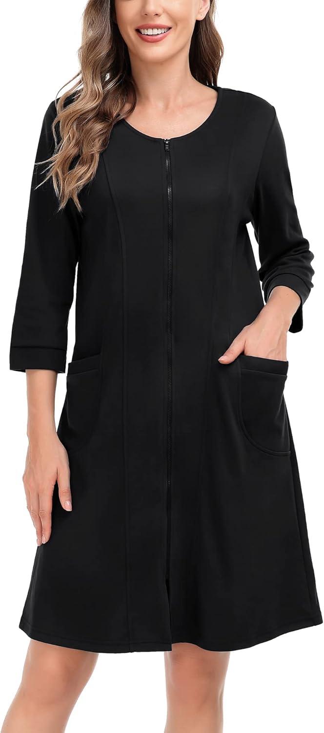 imageSWOMOG Women Zip Up Robe 34 Sleeve Housecoat Soft Cotton Zipper Front Nightgown Loungewear with PocketsBlack