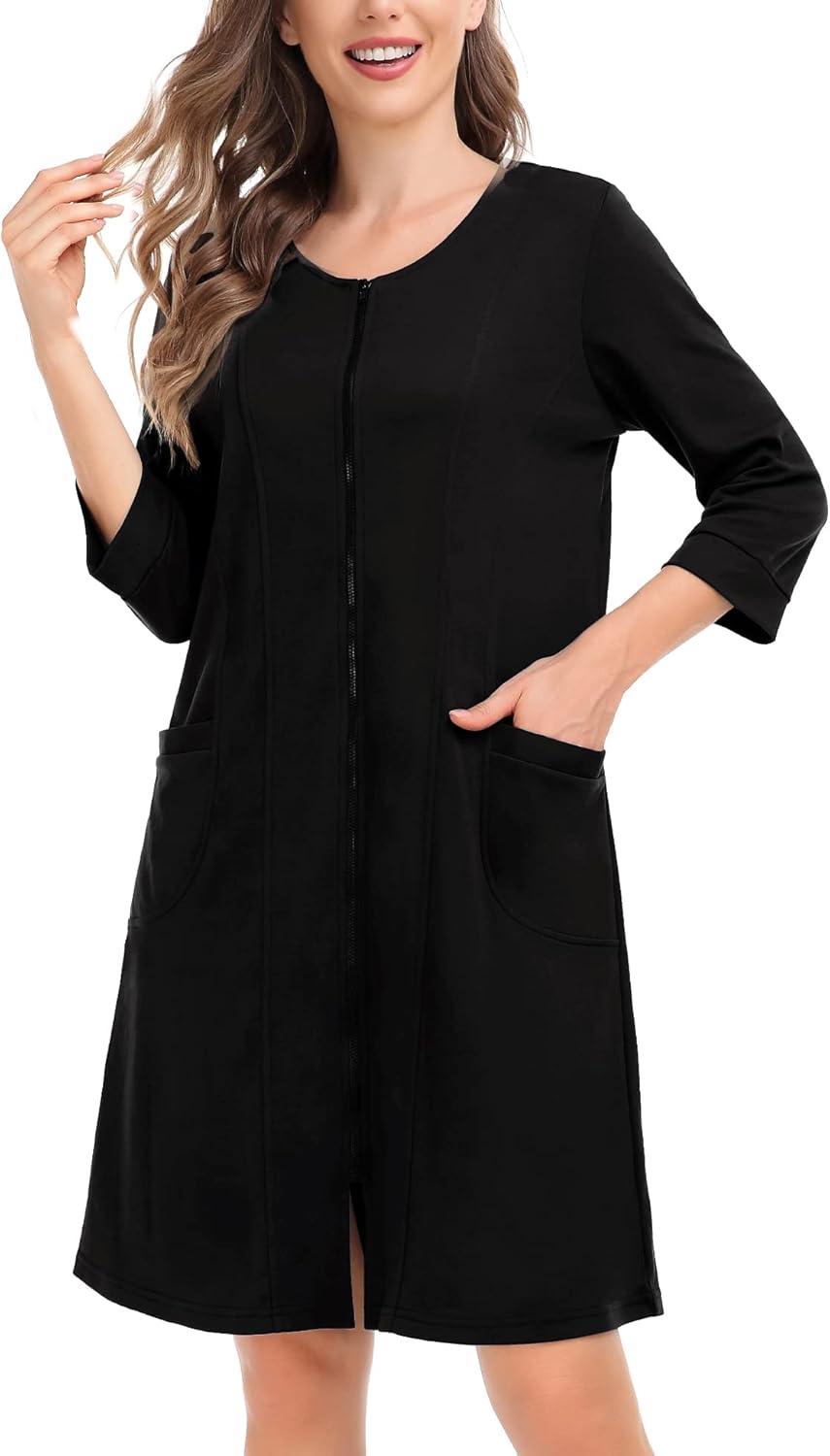 imageSWOMOG Women Zip Up Robe 34 Sleeve Housecoat Soft Cotton Zipper Front Nightgown Loungewear with PocketsBlack