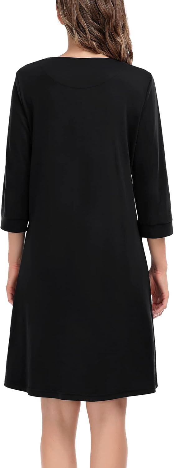 imageSWOMOG Women Zip Up Robe 34 Sleeve Housecoat Soft Cotton Zipper Front Nightgown Loungewear with PocketsBlack
