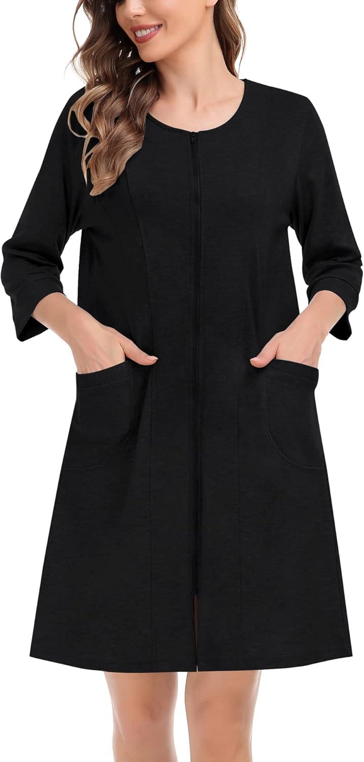 imageSWOMOG Women Zip Up Robe 34 Sleeve Housecoat Soft Cotton Zipper Front Nightgown Loungewear with PocketsBlack