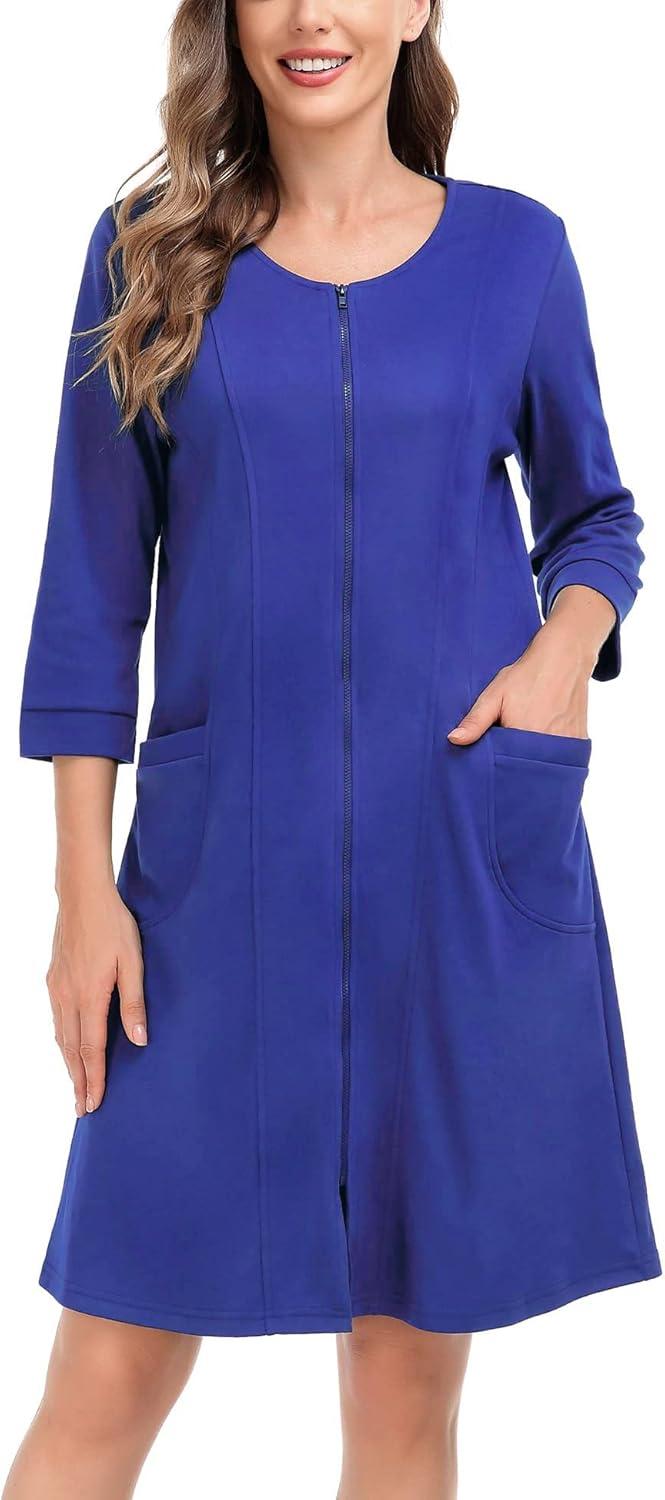 imageSWOMOG Women Zip Up Robe 34 Sleeve Housecoat Soft Cotton Zipper Front Nightgown Loungewear with PocketsBright Blue
