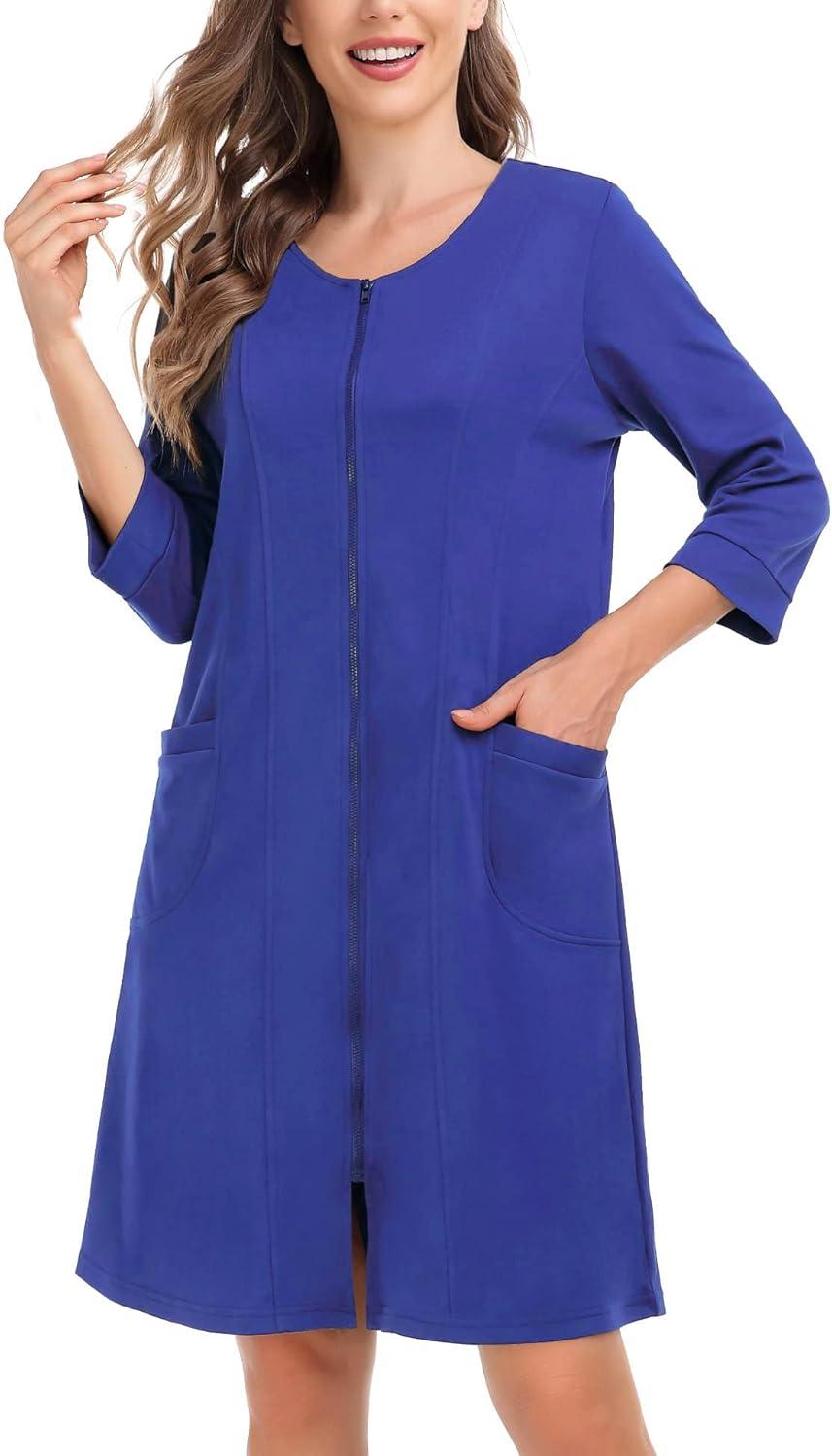 imageSWOMOG Women Zip Up Robe 34 Sleeve Housecoat Soft Cotton Zipper Front Nightgown Loungewear with PocketsBright Blue