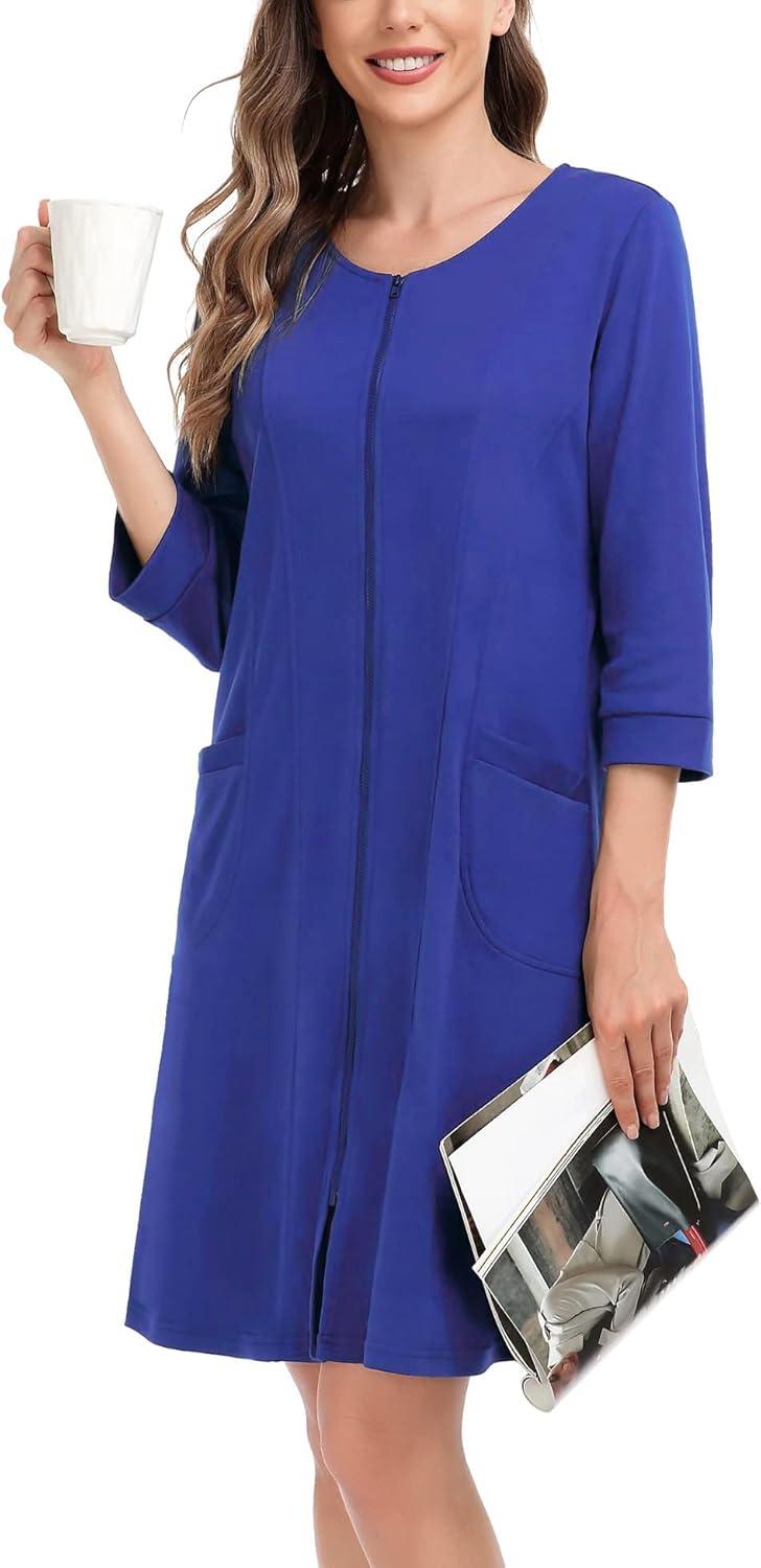 imageSWOMOG Women Zip Up Robe 34 Sleeve Housecoat Soft Cotton Zipper Front Nightgown Loungewear with PocketsBright Blue