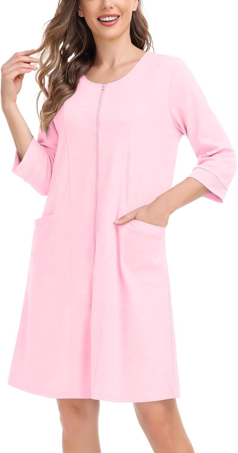 imageSWOMOG Women Zip Up Robe 34 Sleeve Housecoat Soft Cotton Zipper Front Nightgown Loungewear with PocketsFlesh Pink