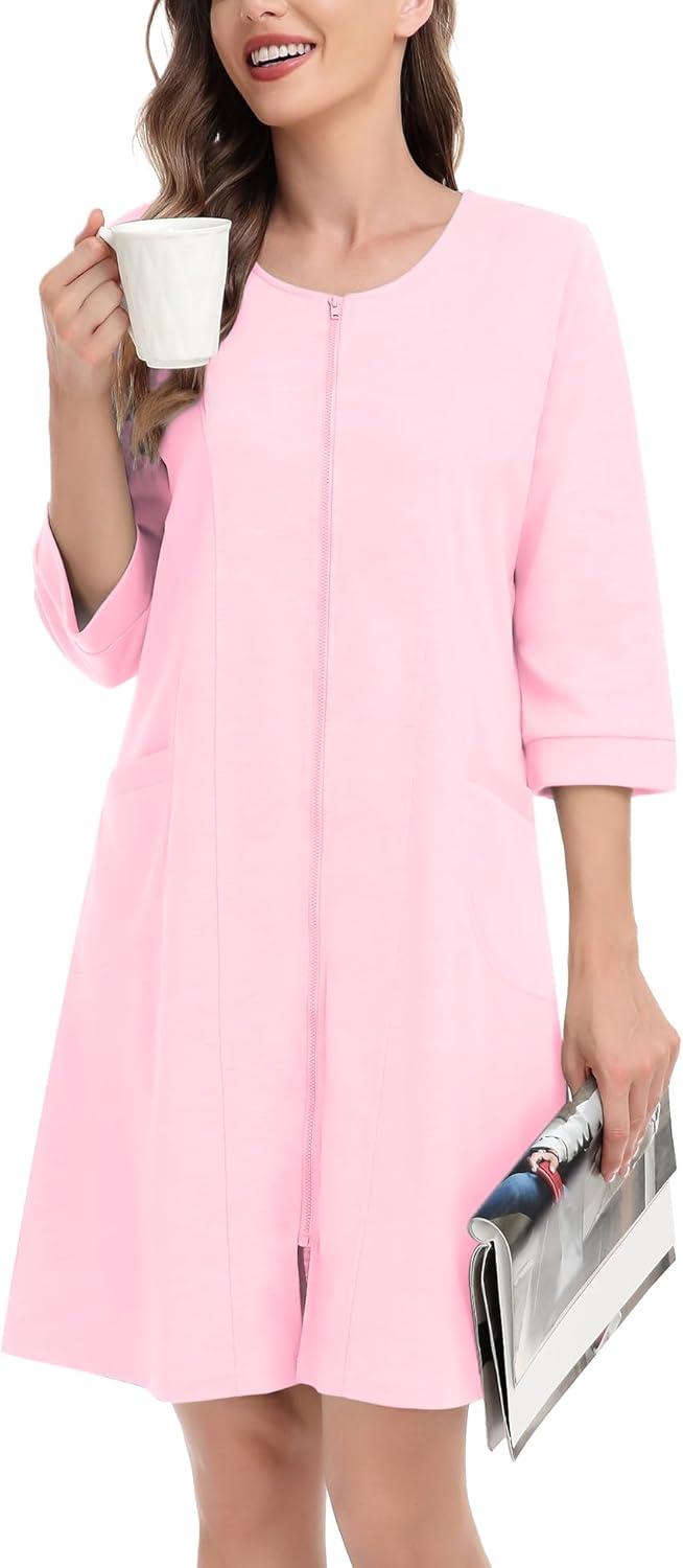 imageSWOMOG Women Zip Up Robe 34 Sleeve Housecoat Soft Cotton Zipper Front Nightgown Loungewear with PocketsFlesh Pink