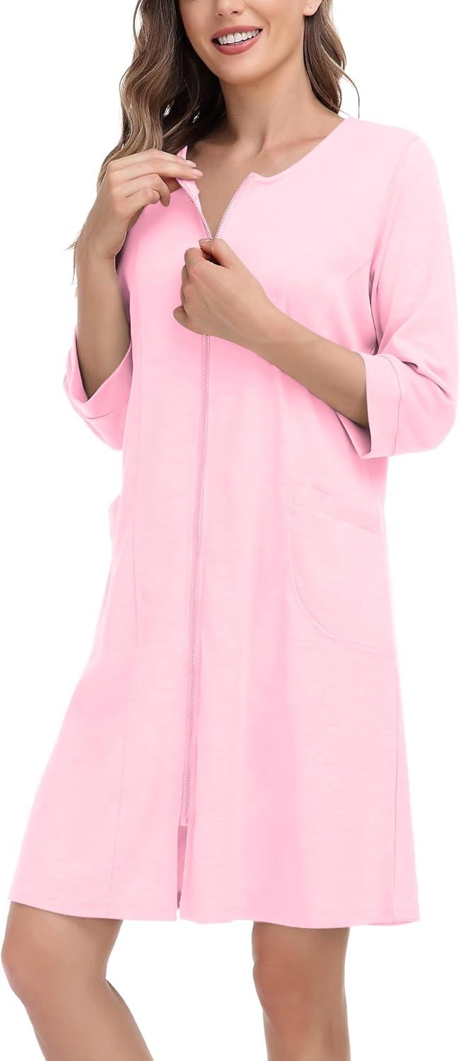 imageSWOMOG Women Zip Up Robe 34 Sleeve Housecoat Soft Cotton Zipper Front Nightgown Loungewear with PocketsFlesh Pink