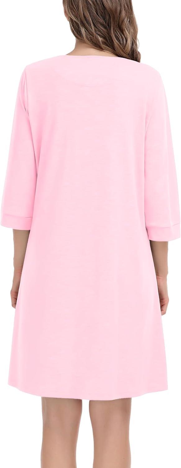 imageSWOMOG Women Zip Up Robe 34 Sleeve Housecoat Soft Cotton Zipper Front Nightgown Loungewear with PocketsFlesh Pink