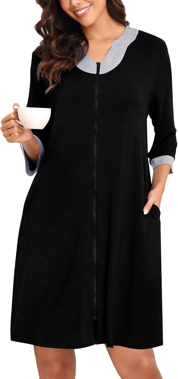 imageSWOMOG Women Zip Up Robe 34 Sleeve Housecoat Soft Cotton Zipper Front Nightgown Loungewear with PocketsModalblack