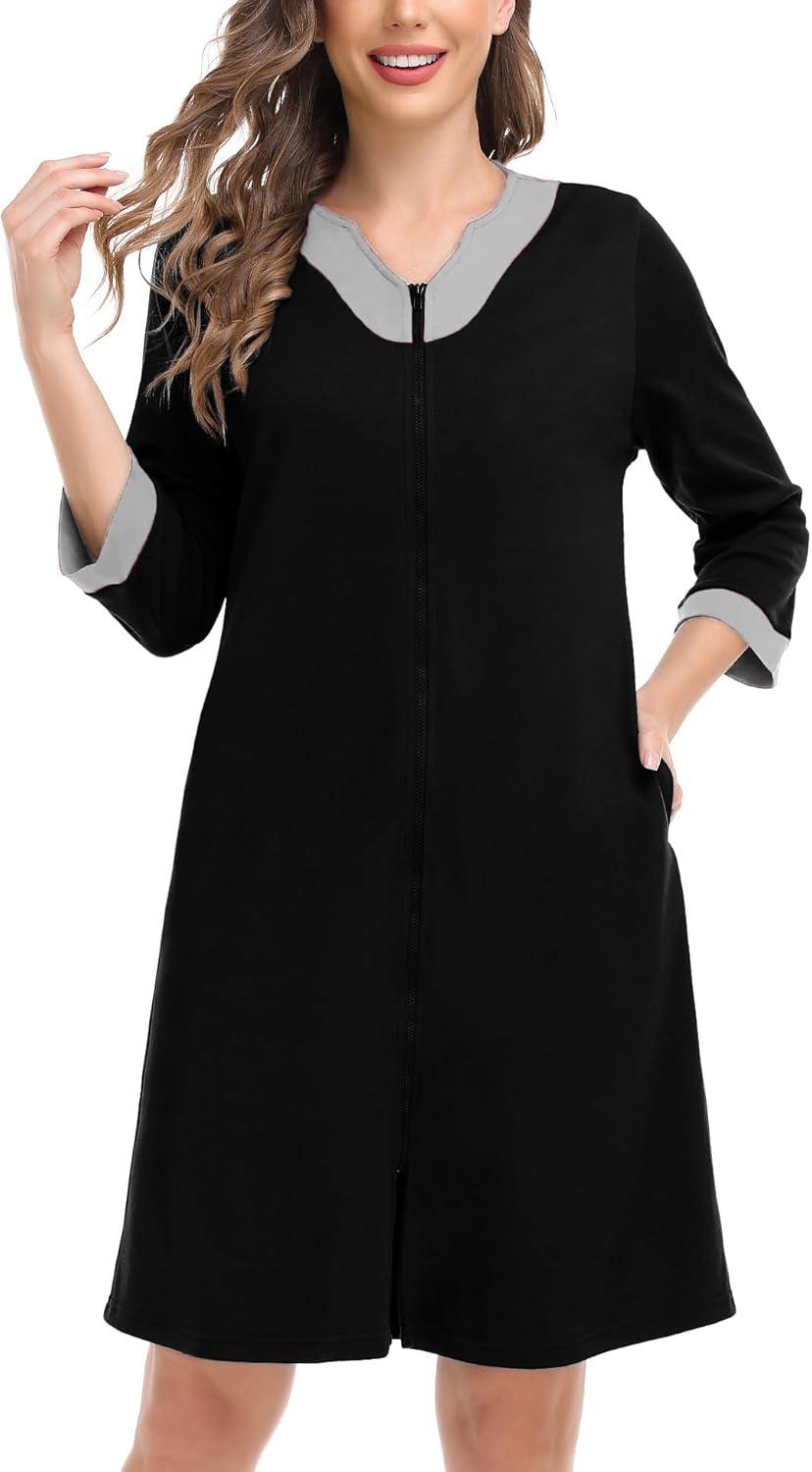 imageSWOMOG Women Zip Up Robe 34 Sleeve Housecoat Soft Cotton Zipper Front Nightgown Loungewear with PocketsModalblack