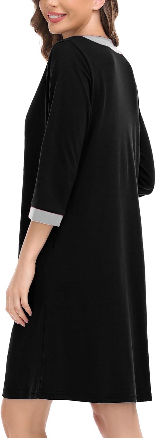 imageSWOMOG Women Zip Up Robe 34 Sleeve Housecoat Soft Cotton Zipper Front Nightgown Loungewear with PocketsModalblack