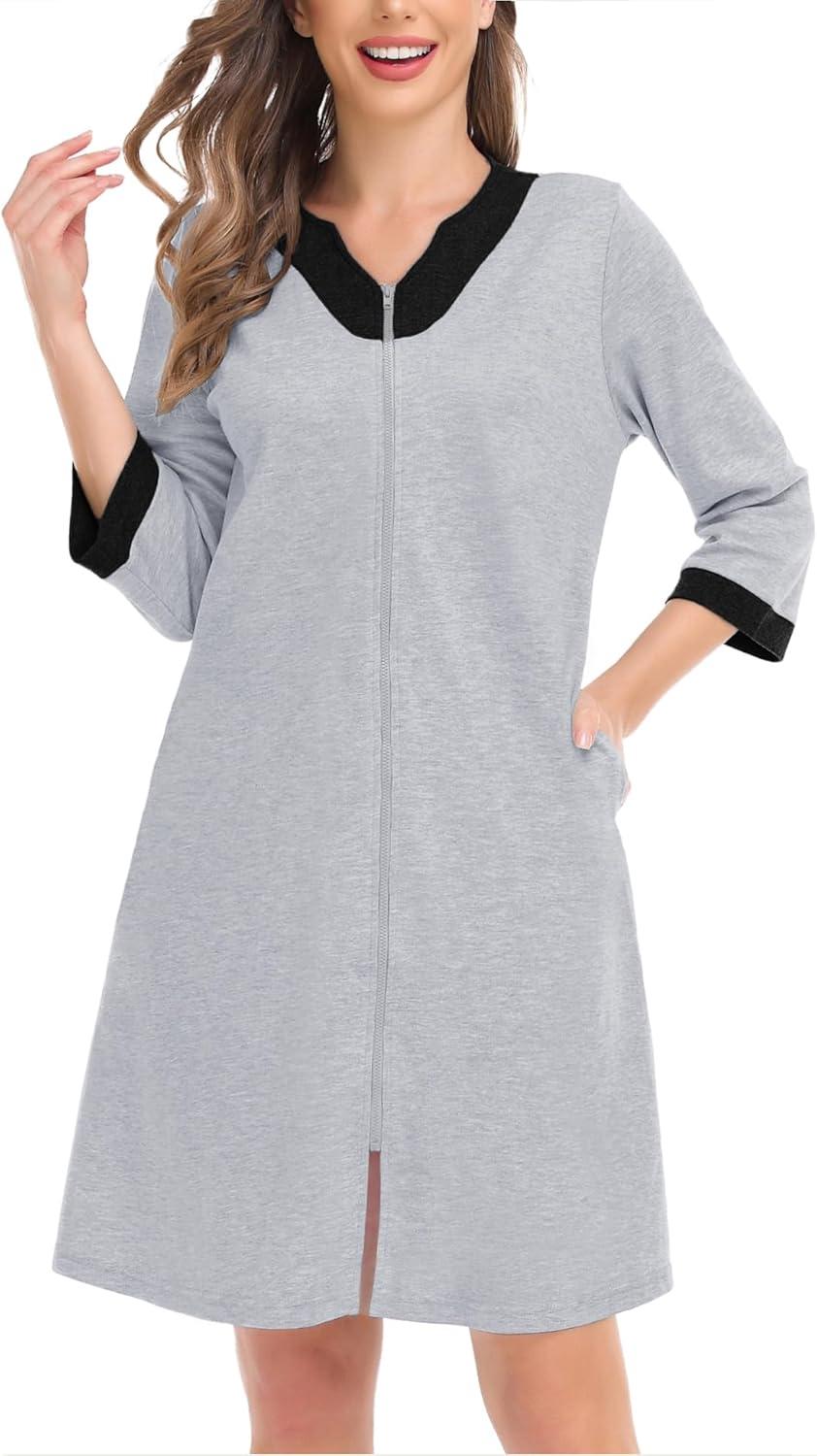 imageSWOMOG Women Zip Up Robe 34 Sleeve Housecoat Soft Cotton Zipper Front Nightgown Loungewear with PocketsModalgrey