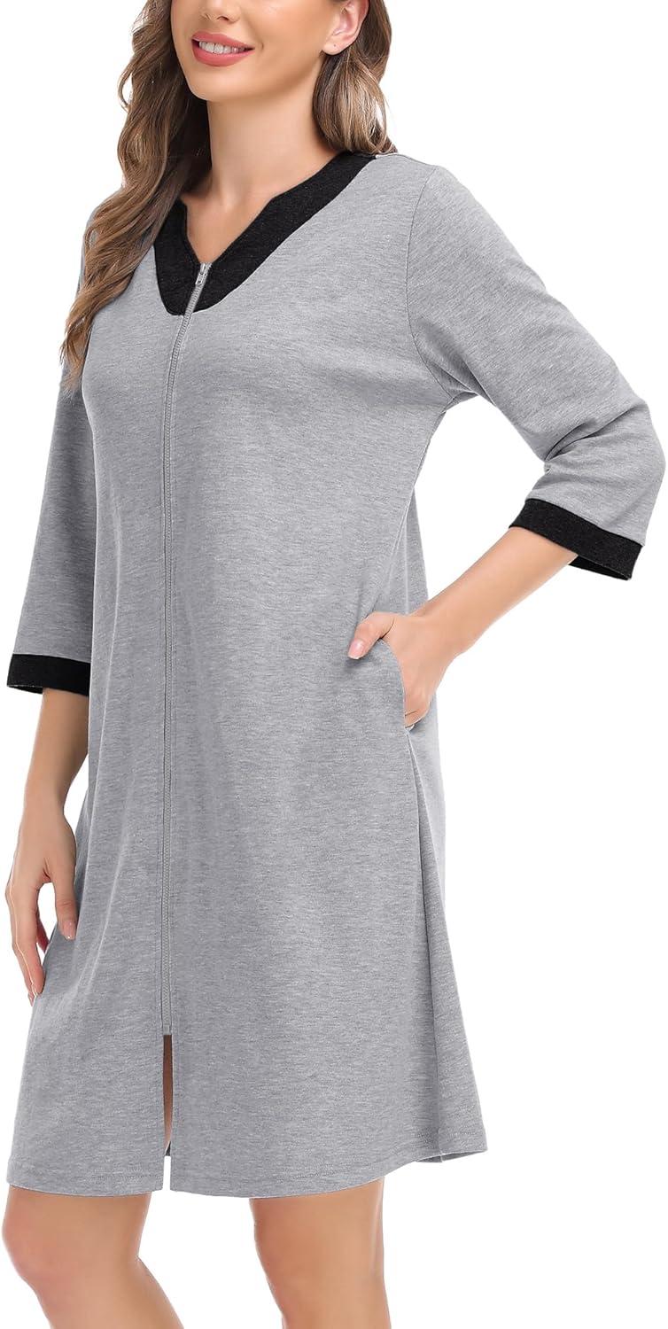 imageSWOMOG Women Zip Up Robe 34 Sleeve Housecoat Soft Cotton Zipper Front Nightgown Loungewear with PocketsModalgrey