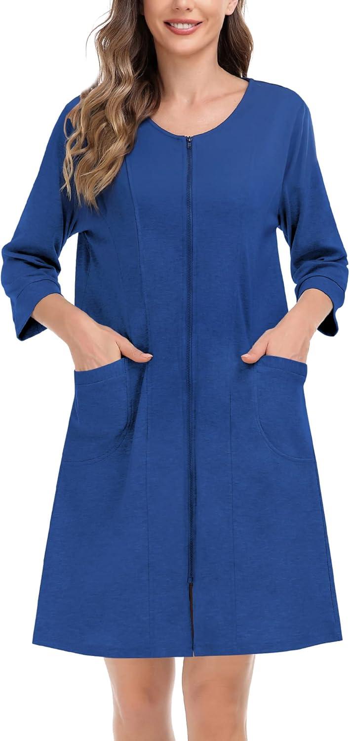 imageSWOMOG Women Zip Up Robe 34 Sleeve Housecoat Soft Cotton Zipper Front Nightgown Loungewear with PocketsNavy
