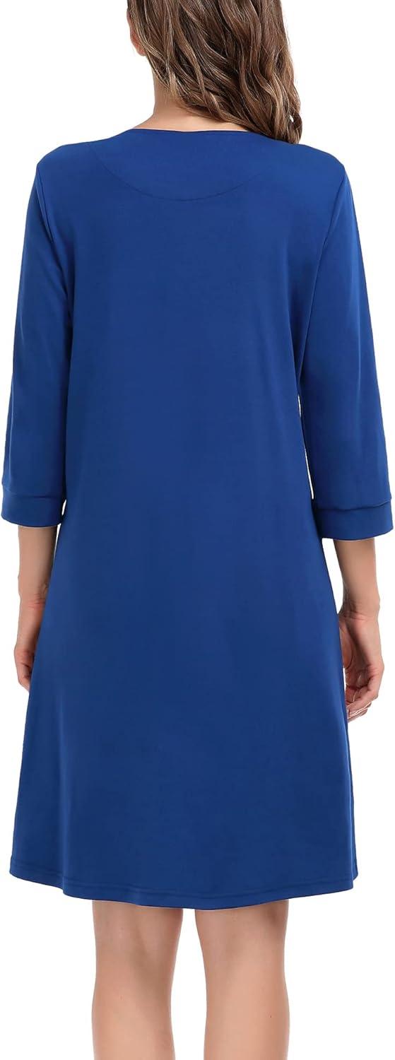 imageSWOMOG Women Zip Up Robe 34 Sleeve Housecoat Soft Cotton Zipper Front Nightgown Loungewear with PocketsNavy