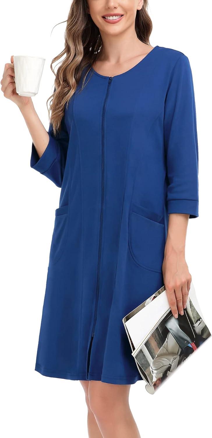imageSWOMOG Women Zip Up Robe 34 Sleeve Housecoat Soft Cotton Zipper Front Nightgown Loungewear with PocketsNavy