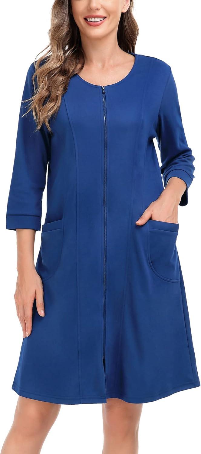 imageSWOMOG Women Zip Up Robe 34 Sleeve Housecoat Soft Cotton Zipper Front Nightgown Loungewear with PocketsNavy