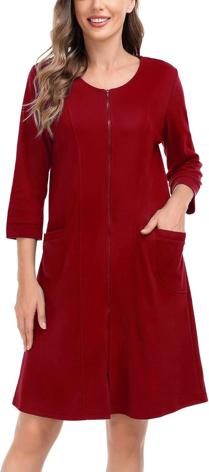 imageSWOMOG Women Zip Up Robe 34 Sleeve Housecoat Soft Cotton Zipper Front Nightgown Loungewear with PocketsRed