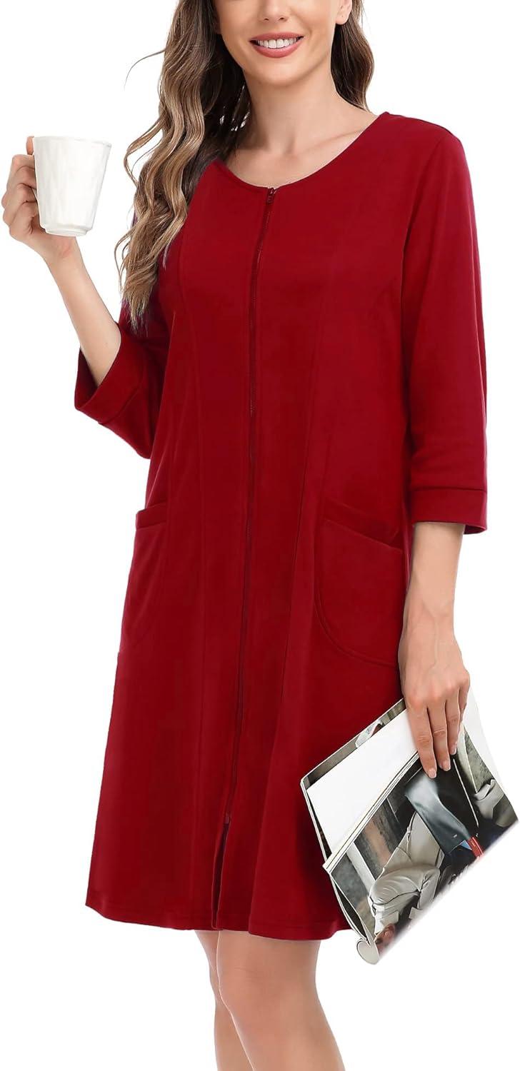 imageSWOMOG Women Zip Up Robe 34 Sleeve Housecoat Soft Cotton Zipper Front Nightgown Loungewear with PocketsRed