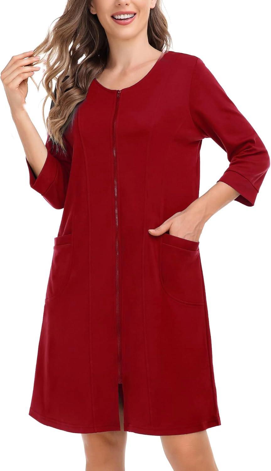 imageSWOMOG Women Zip Up Robe 34 Sleeve Housecoat Soft Cotton Zipper Front Nightgown Loungewear with PocketsRed