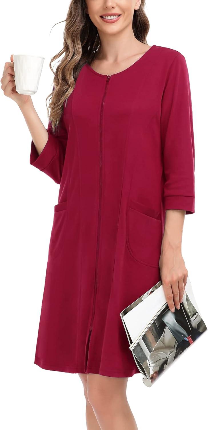 imageSWOMOG Women Zip Up Robe 34 Sleeve Housecoat Soft Cotton Zipper Front Nightgown Loungewear with PocketsWine Red