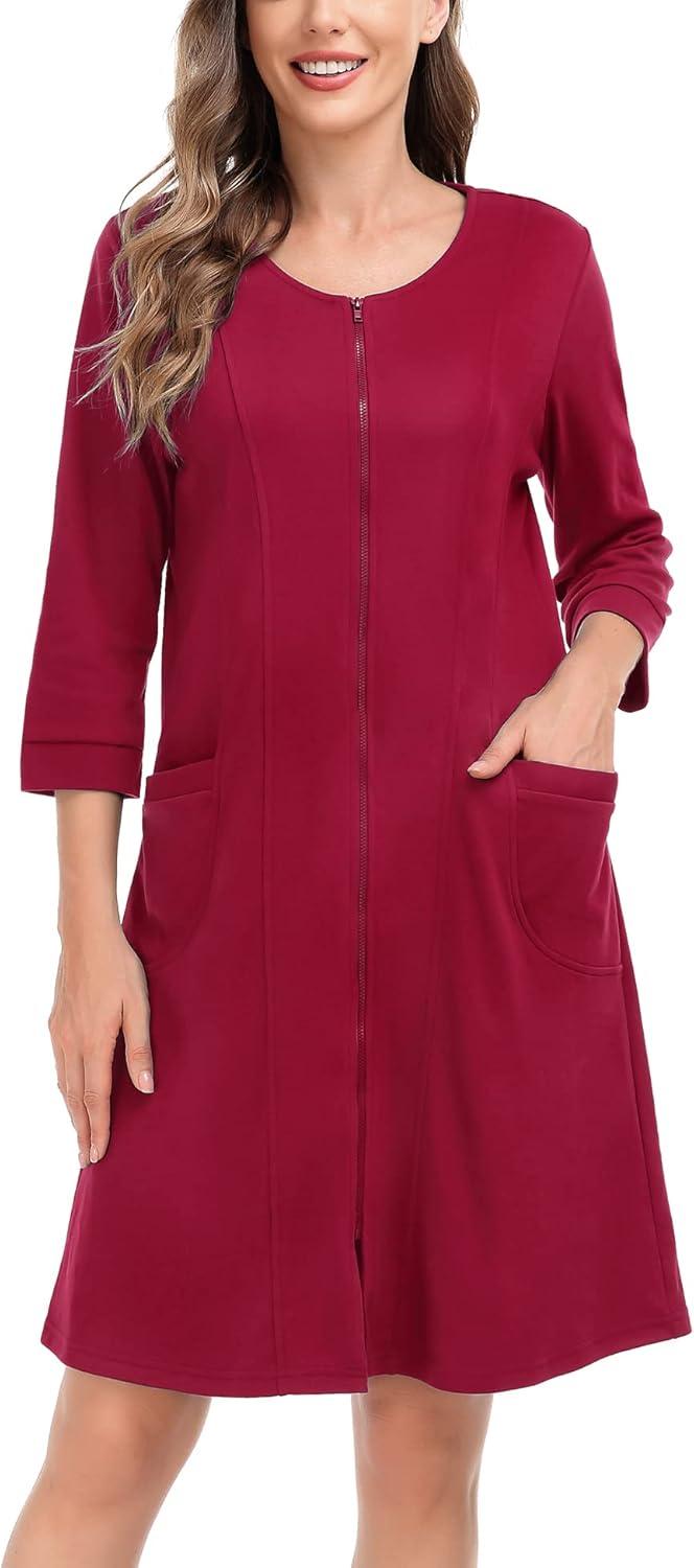 imageSWOMOG Women Zip Up Robe 34 Sleeve Housecoat Soft Cotton Zipper Front Nightgown Loungewear with PocketsWine Red