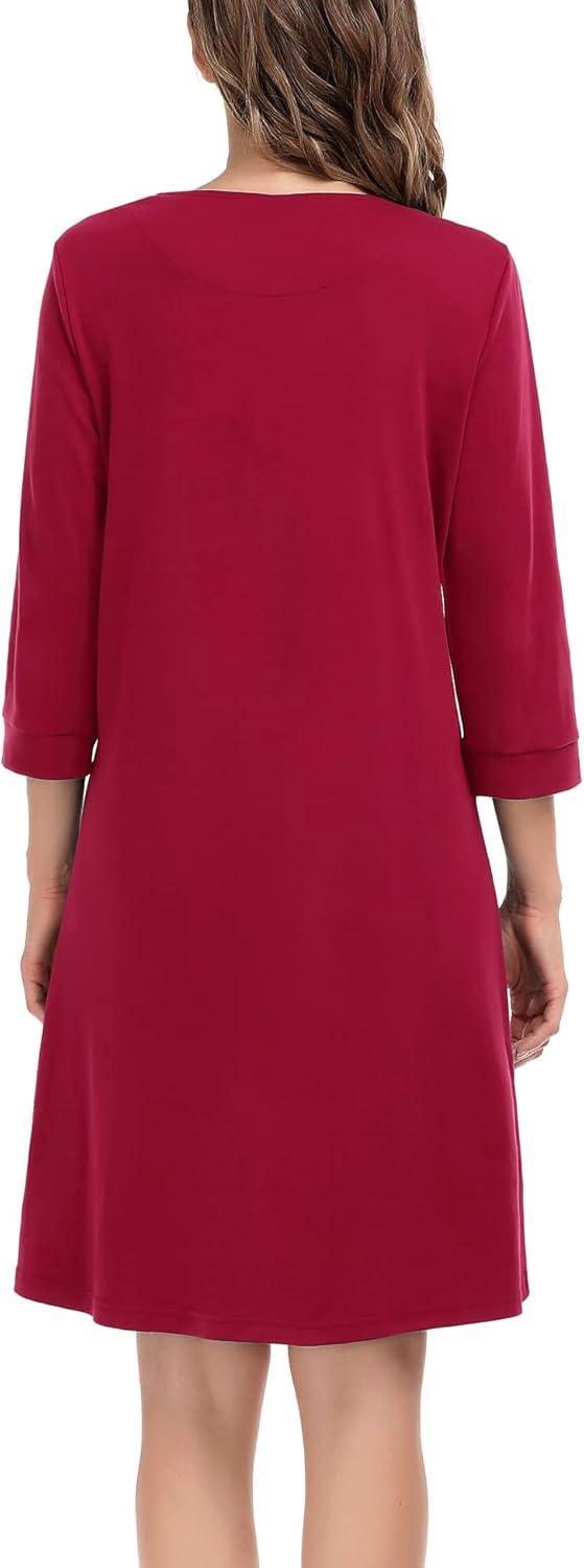 imageSWOMOG Women Zip Up Robe 34 Sleeve Housecoat Soft Cotton Zipper Front Nightgown Loungewear with PocketsWine Red