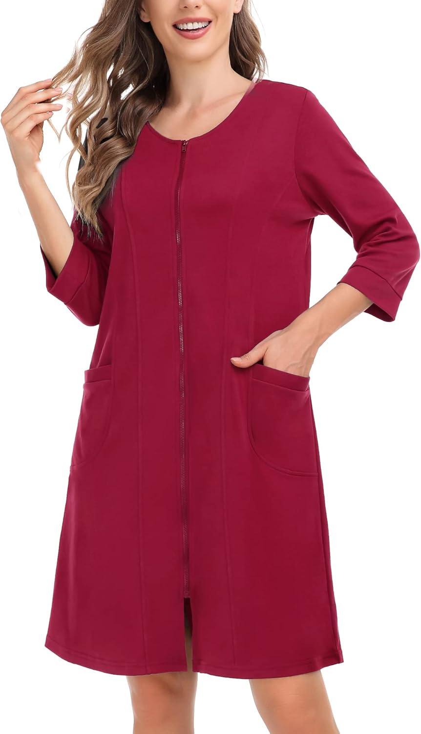 imageSWOMOG Women Zip Up Robe 34 Sleeve Housecoat Soft Cotton Zipper Front Nightgown Loungewear with PocketsWine Red