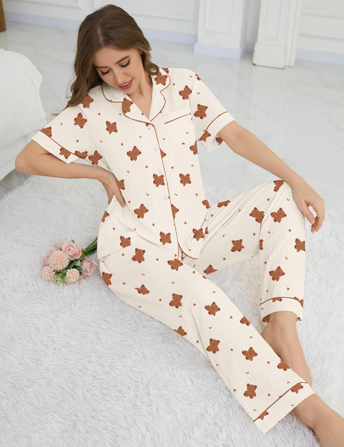 imageSWOMOG Womens 2 Piece Pajama Sets Shorts Sleeve Pajamas Cute Pj Set Lounge Matching Pjs Button Shirt with Long PantsBeige Bear